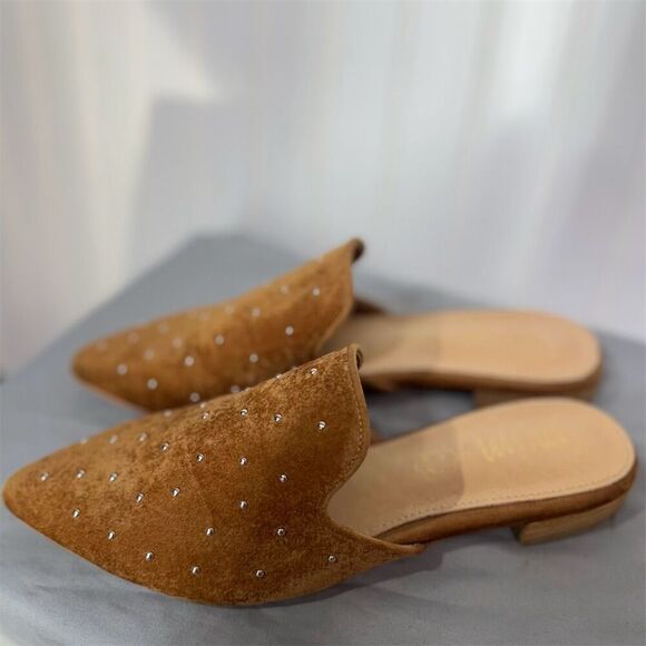 Mi.iM Brown Studded Leather Mules Slides Sz 7 Pointed Toe Flat Loafers Boho - Picture 3 of 8